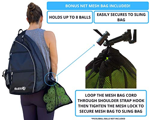 McEtt Pickleball Sling Bag & Mesh Ball Bag – Adjustable Crossbody Backpack for Women Men – Holds Pickleballs, Paddles, Water Bottle, Gear - color: Black