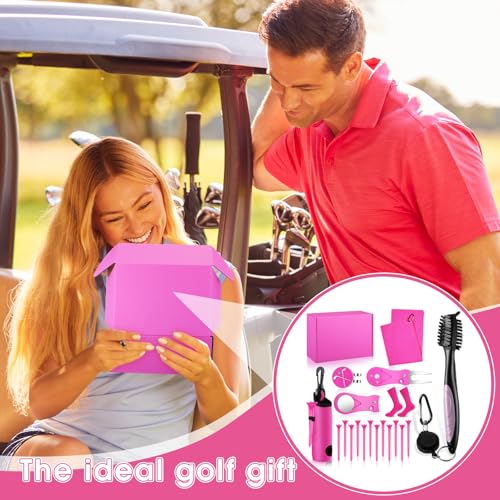 VioraWhite 16 Pcs Pink Golf Accessories Kit for Women Include Golf Towel with Clip, Hat Clip, Balls Holder, Club Cleaner Brush, Divot Repair, 10 Plastic Tees, Pink Socks Gift Set