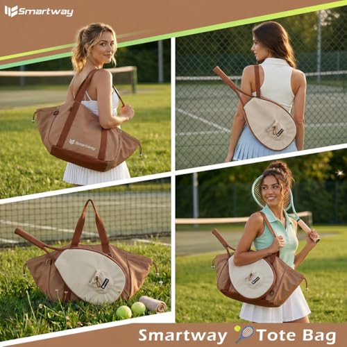 Smartway Pickleball Tote Bag for Women, Stylish Tennis Bag with Detachable Paddle Pocket, Waterproof Large Capacity Court Shoulder Bag for Gym, Daily & Weekend Trips, Men Ideal Pickleball Gifts - color: Brown