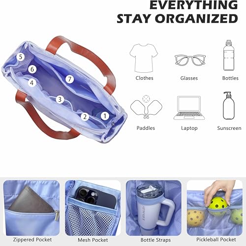 Pickleball Bag for Women Stylish Nylon Tote Fits 2 Paddle, Ball, Gear, Utility Shoulder Handbag for Sports - color: Blue