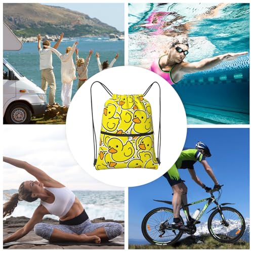 Yellow Duck Drawstring Bag, Waterproof Drawstring Bckpack for Gym Sports Birthday Party Gift, Women Men Sackpack Bag with Front Zipper Pocket and Inside Zipper Pocket - color: Yellow Duck