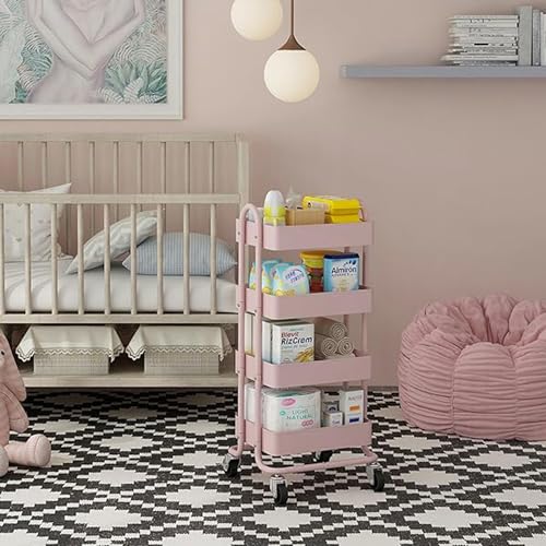 4 Tier Metal Rolling Cart Pink Utility Cart with Wheels,Rolling Pink Cart for Office,Home,Kitchen,Garden๏ผ13.4"x18.1"x40"๏ผ - color: Pink, size: 40"H