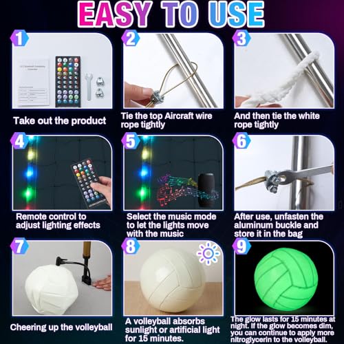 WinnerWhy LED Professional Volleyball Net and Glow in the Dark Volleyball Set 31.2x3.3ft Portable Light up Net with Size 5 Light-Up Volleyballs Remote Control Steel Cable for Beach Swimming Pool Game