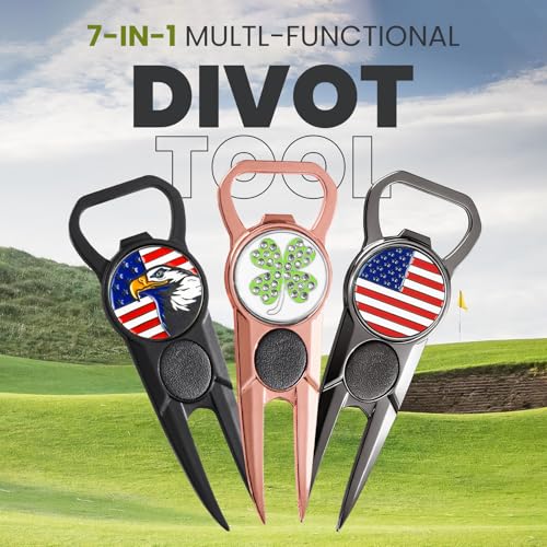 FINGER TEN Golf Divot Repair Tool and Ball Marker 7-in-1 Value 2 Pack, Premium Leather Grip Tools with Belt Clip, Club Tee, Club Groove Cleaner, Bottle Opener, Putting Alignment Guide - color: Rose Gold