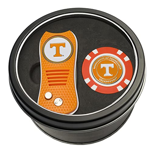 Team Golf NCAA Tennessee Volunteers Tin Gift Set with Retractable Divot Tool and Golf Chip Gift Set Switchblade Divot Tool & Chip, Includes 2 Double-Sided Enamel Ball Markers, Patented Design