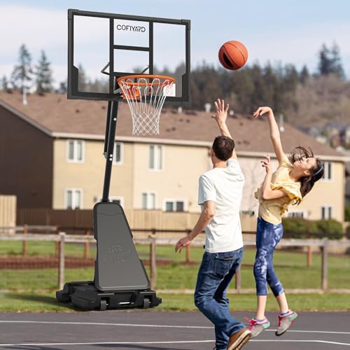 Cofiyard Basketball Hoop Outdoor with 44&48&54In Shatterproof Backboard, 5.25-10FT Height Portable Basketball Hoop with Sandbag, Adjustable Basketball Goal System