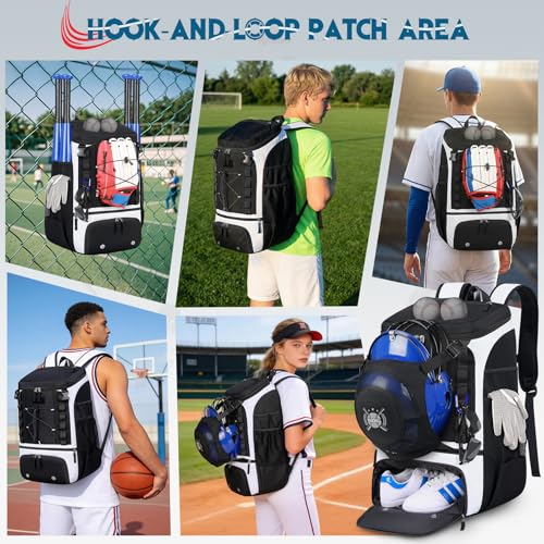 Baseball Bag Lightweight Softball Bags for Adults Youth 40L Large Baseball Backpack with Shoe Compartment, Helmet Holder, Fence Hook Waterproof Softball Bats Bag for T-Ball & Softball Equipment - color: Black & White