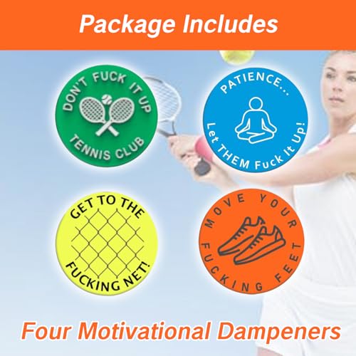 NIIIYTYB 4 Pcs Tennis Racquet Dampeners Funny Unique Silicone Dampener Tennis Dampers Racket Vibration Dampeners Fun Tennis Racket Dampers with Words Shock Absorbing Tennis Accessories