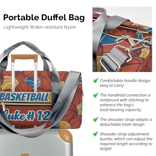 Basketball Pattern Orange Brown Waterproof Duffel Bag Adjustable Shoulder Strap Perform Training Travel Bag for Teens Adults