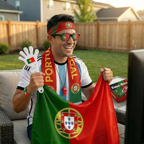 Soccer Fan Gear Set 2026-7 Piece Game Day Kit with Flag, Scarf, Glasses, Whistle, Clapper, Wristband & Headband in Gift Box - Watch Party & Stadium Essentials for Portugal - color: Portugal