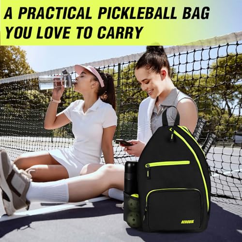AEROBIX Pickleball Bag for Women & Men, Pickle Ball Backpack - Upgraded Zippers, Large Capacity, Padded Paddle Pocket, Adjustable Sling Bag (No Accessories) - color: GREEN