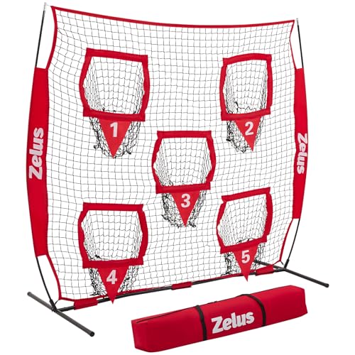 ZELUS Football Throwing Net, Quarterback Training Equipment with 5 Target Pockets, Football Practice Throwing Passing Accuracy Trainer with Carry Bag Ground Stakes for Kids Adults - color: Red, size: 6×6