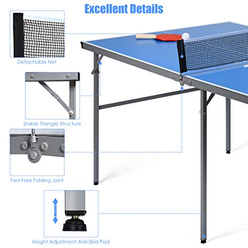 Goplus Foldable Ping Pong Table, 100% Preassembled, Table Tennis Table with Net, 2 Paddles, Ping Pong Balls, Portable Table Tennis Game Set for Indoor Outdoor - style: Blue-72''