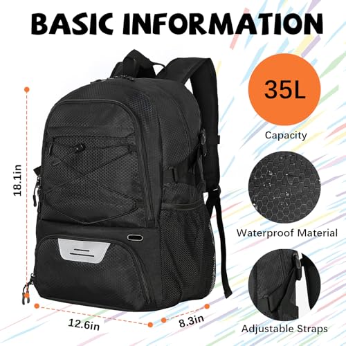 Goloni Basketball Backpack Bag,35L Basketball Bag with with Separate Ball & Shoe Compartments,Large Sports Bag for Basketball - color: black
