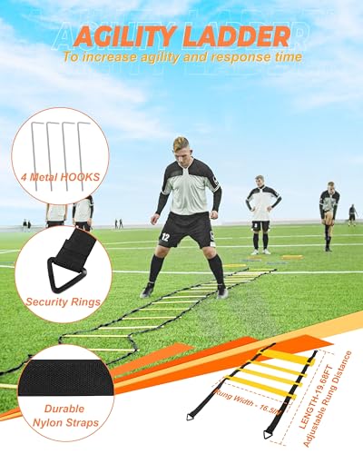 Speed and Agility Training Set, Agility Training Equipment for Kids with 20ft Sports Agility Ladders, Cones, Agility Hurdles, Resistance Parachute, Jump Rope for Basketball, Soccer