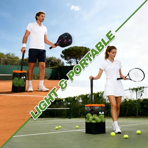 Tennis Ball Hopper & Pickleball Picker Upper, Ball Collector Hopper Holds 60 Tennis Balls or 50 Pickleballs, Adjustable Handle, Heavy-Duty Spring Ball Retriever for Training & Court Practice