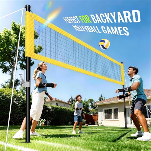 Professional Outdoor Volleyball Net Set with Arm Sleeves & Beach Fixed Plate, Heavy Duty 32ft Ply Reinforced Net with Steel Anti-Sag Winch, Height-Adjustable Poles, Carry Bag for Backyard Beach Lawn