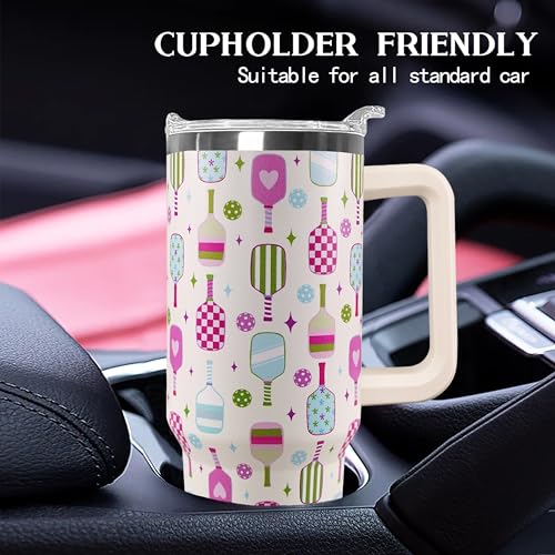 Ceovfoi 40 oz Pickleball Coffee Mug Vacuum Insulated Travel Tumbler with Handle, Lid & Straw - Perfect Pickleball Gifts for Players, Coaches, Lovers | Pickleball Accessories - color: Pickleball