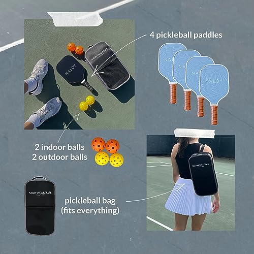 Pickleball Paddles Set of 4 Paddles with 2 Indoor & 2 Outdoor Balls, 1 Pickleball Bag, Pickleball Paddle Fiberglass Surface, Lightweight, Aesthetic, Minimal Design