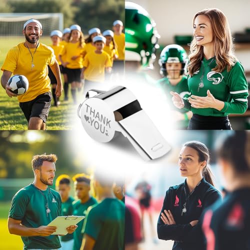8 Pack Thank You Coach Whistle Set Engraved Stainless Steel Whistles with Lanyard Appreciation Gifts for Coaches Referees Team Staff