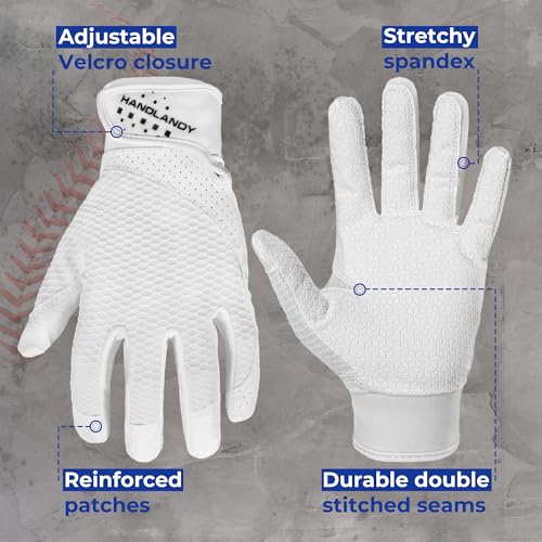 HANDLANDY Baseball Batting Gloves for Adult Youth, Grip Breathable Softball Batting Gloves Fit Men Kids Boys Girls - color: White-Adult, size: Adult Medium