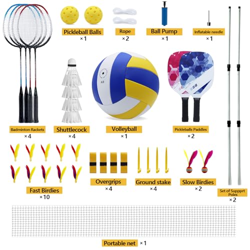 Outdoor Portable Volleyball and Badminton Net Combo Set, Official Size 5 Volleyballs Pickleball and Badminton Set for Backyard Games (Blue+Green)