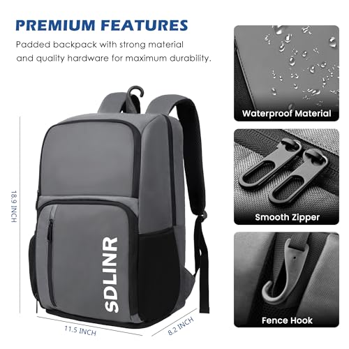 SDLINR Pickleball Bag Fits 4+ Paddles, Large Pickleball Backpack with Shoe Compartment and Fence Hook,Pickleball Gifts for Men Women - color: Gray