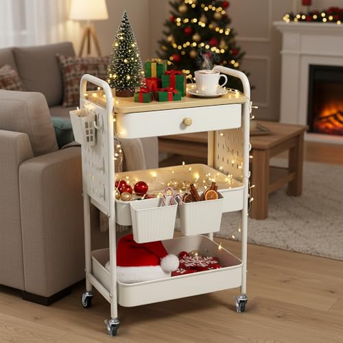 danpinera Rolling Utility Cart with Drawer, 3 Tier Rolling Cart with Wheels, Hooks & Hanging Cups, Craft Cart Art Cart Snack Cart Rolling Storage Cart with Wooden Table Top & DIY Pegboards, White - color: White, size: with pegboards