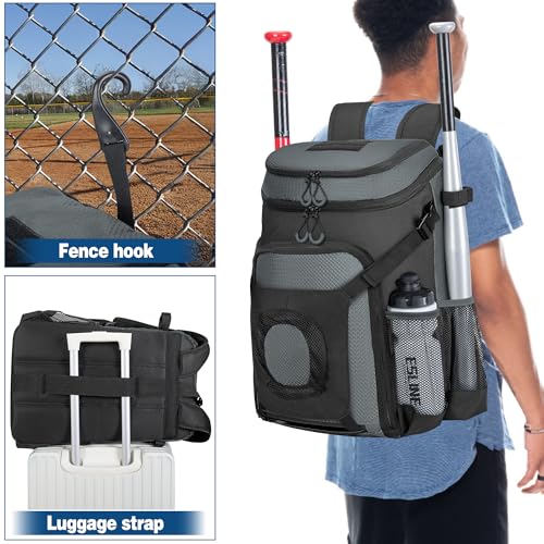 Smasrob Baseball Bag for Adult and Youth, Baseball Backpack Softball Bag with Helmet Holder, Shoe Compartment and Fence Hook - color: Gray