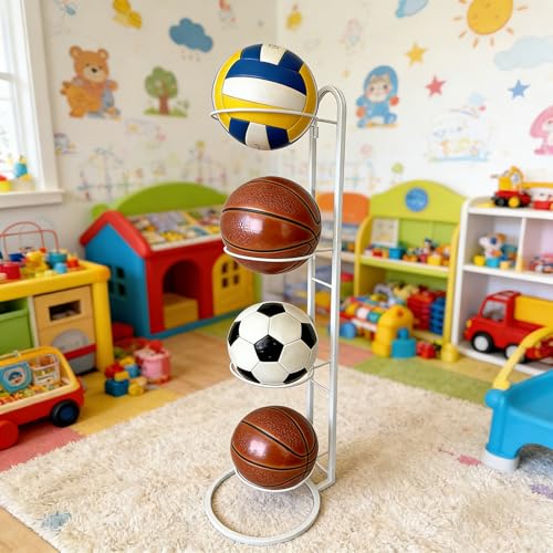 Ball Storage Rack, White Metal, 3-Tier Vertical Organizer for Basketball, Soccer, Volleyball, Sports Equipment Holder (3-Tier) - size: 3-Tier