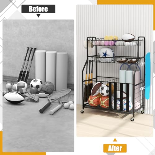 GYMAX Garage Sports Equipment Organizer, Ball Storage with Basket, Hooks, Lockable Wheels, Rolling Toy Storage Cart for Golf Bag Bats Football Sports Gear