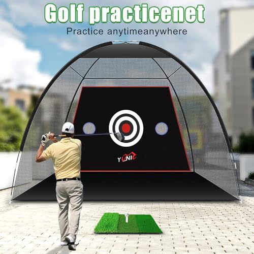 Golf Practice Net with Tri-Turf Mat - All-in-One Home Golf Hitting Aid for Backyard Driving, Chipping, Swing Training