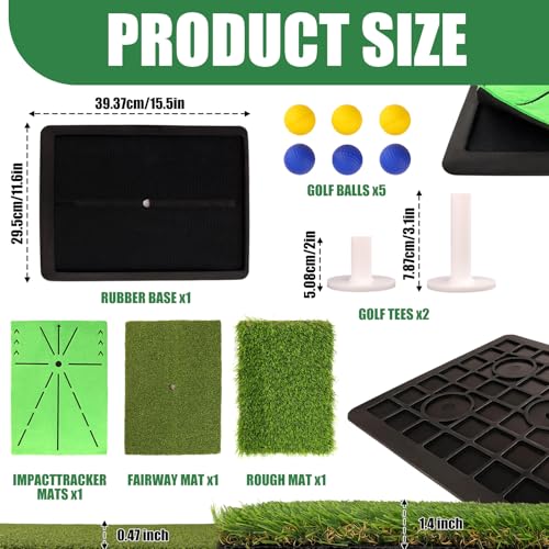 3 in 1 Golf Hitting Mats Training Equipment, Golf Practice Mat with Instant Swing Path Feedback, No-Slip Heavy Duty Rubber Base with 3 Replaceable Golf Training Mats
