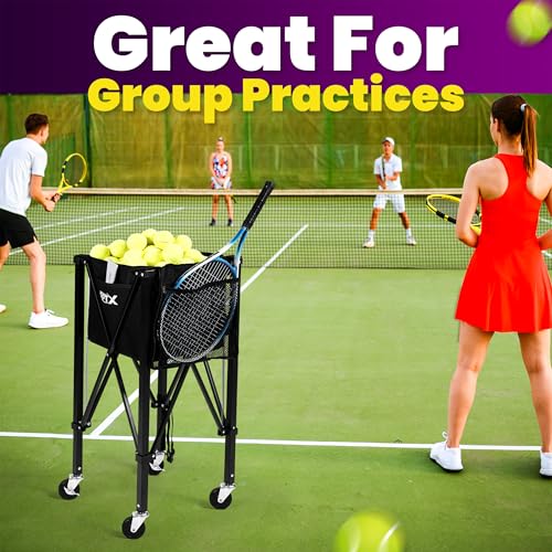 Tennis Ball Cart | Pickleball Ball Hopper | 150 Ball Capacity | Multiple Storage Pockets | Carrying Bag | Sturdy Pickleball Cart with Wheels | Ball Caddy for Practice & Training