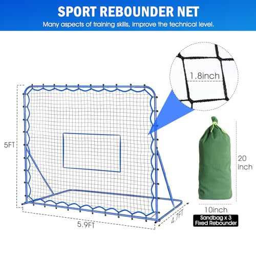 Soccer Baseball Rebounder Net, Soccer Goal Net, Volleyball Softball Rebound Pitchback Net Quick-Switch Angle Training for Control, Passing Practice, Bounce Back Rebounder Goals Gifts Trainer Equipment - size: 6FTx5FT