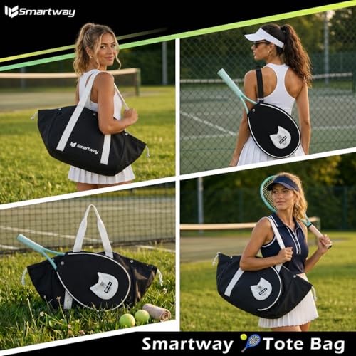 Smartway Pickleball Tote Bag for Women, Stylish Tennis Bag with Detachable Paddle Pocket, Waterproof Large Capacity Court Shoulder Bag for Gym, Daily & Weekend Trips, Men Ideal Pickleball Gifts - color: Black