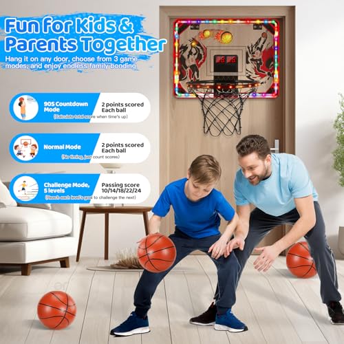 Indoor Basketball Hoop for Kids & Adults, Over The Door Mini Basketball Hoop with Remote Control Scoreboard, 6 LED Light Modes, Foldable Rim Sports Toys for Ages 8-13 Teen Boys Birthday Gifts