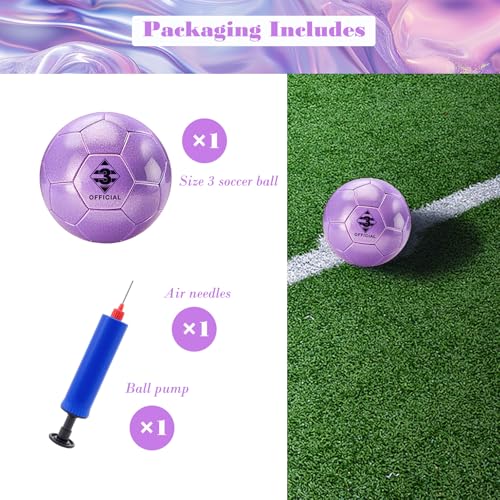 Glitter Purple Soccer Ball Size 3 with Pump & Needle/Mesh Bag, Sofu PU Soccer Ball Kit for Indoor Outdoor Practicing Training Playing Gift Teens Youth Adults