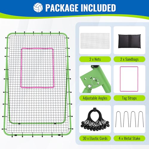 Volleyball Rebounder Net 7x4 FT, 5-Angle Adjustable Bounce Back Net, Steel Frame & PE Training Net for Volleying/Spiking, Rust-Resistant & Durable – w/Travel Bag, 2 NETS - color: Green & Pink