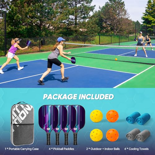 Pickleball Paddles Set of 4 - USAPA Approved Fiberglass Pickleball Set with Pickleball Rackets for Adults, Anti-Slip Sweat-Absorbing Grip, 4 Pickleball, Portable Carry Bag, Pickle Ball for Beginners