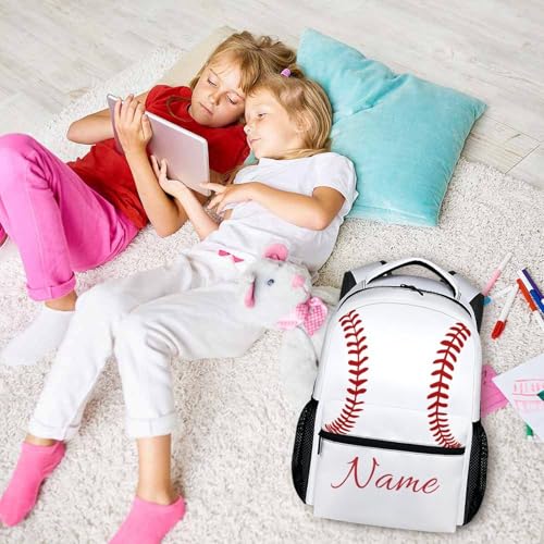 Custom Baseball Sport Kid's Backpack with Name/Text Preschool Backpack for Boys Girls, 17 Inch Ball Bookbag for Preschool Elementary Kindergarten Vacation Travel Picnic - color: White