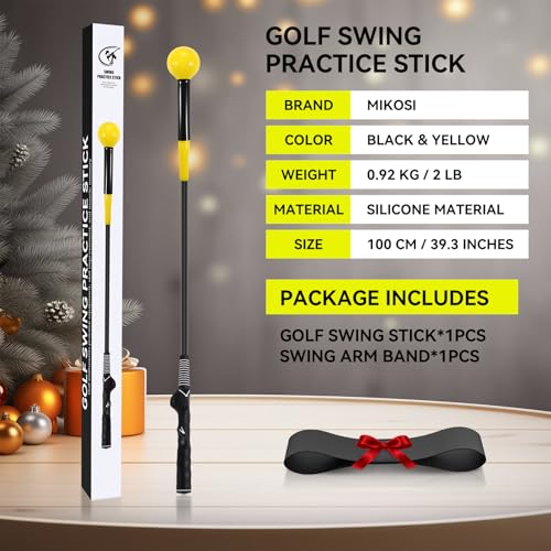 MIKOSI Golf Grip Trainer, Golf Swing Trainer Aid Warm-Up Stick for Strength Grip Tempo & Flexibility Training, Right-Handed Golf Training Aid with Arm Band for Practice Chipping Hitting (Yellow)