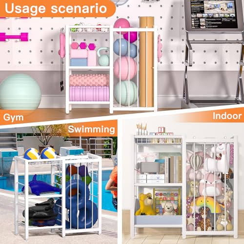 FAMIDGE Sports Equipment Organizer, Ball Storage Rack with Elastic Straps, Garage Sports Organizer Storage Cart with Hooks, Basketball Rack for for golf, Football, Soccer Ball, Bat, White