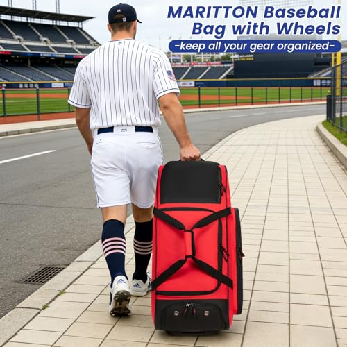 Rolling Baseball Catchers Gear Bag with Wheels, Large Baseball Softball Bag for 4 Bats with Shoe Compartment, Fence-Hooks and Multi-Pockets.