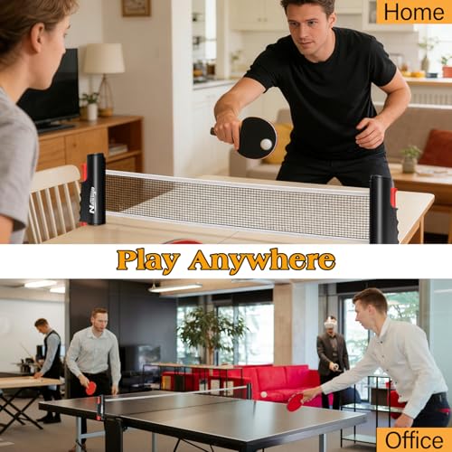 Table Tennis Set with Retractable Net, Portable Ping Pong Paddle Set with 2 Rackets, 8 Balls and Mesh Bag, Easy Setup Table Tennis Kit for Indoor Outdoor, Beginners, Home and Office