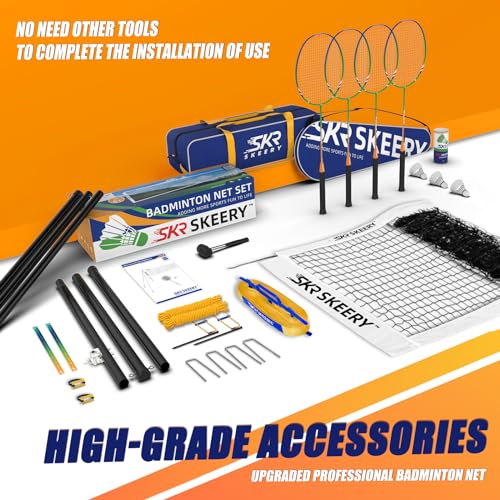 SKEERY Professional Badminton Set with Winch System,Portable Badminton Net includes Carbon Aluminum Badminton Rackets Set of 4,3 Shuttlecocks and Carrying Bag,Badminton Sets for Backyards,Beach - color: White