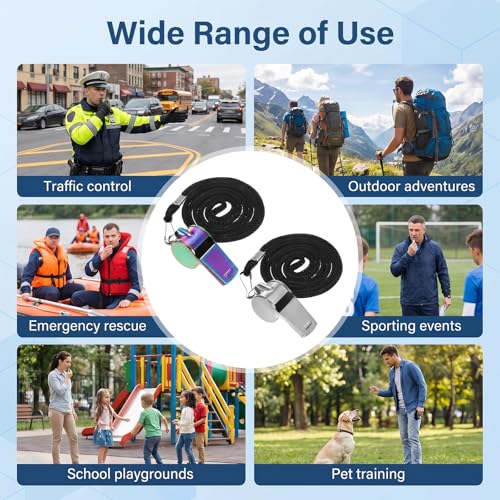 TIESOME 4Pcs Stainless Steel Whistle with Lanyard, Super Loud Sports Whistle for Referees, Coaches, Police, Emergency, and Outdoor Sports