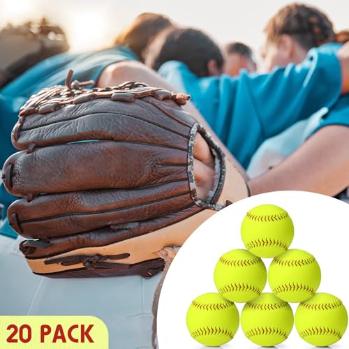 20 Pack Sports Practice Softball with Mesh Bag, Official Size and Weight Slowpitch Softball, Unmarked Leather Covered Fastpitch Ball Training Ball for Training