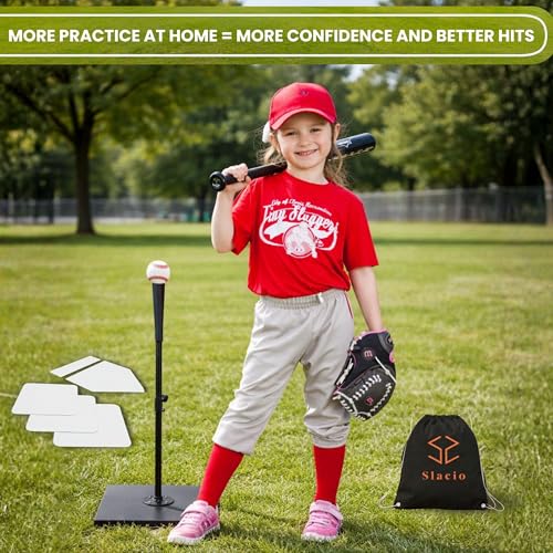 Tee Ball Set with Adjustable Batting Tee 23–37 Inch, Complete Baseball Practice Bundle with 5 Throw Down Bases, 2 Soft Core Balls & Carry Bag
