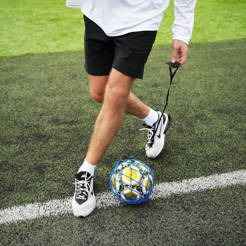 Handle Solo Soccer Kick Trainer with New Ball Locked Net Design, Soccer Ball Bungee Elastic Training Juggling Net (Fits Ball Size 3, 4, 5) - color: Blue